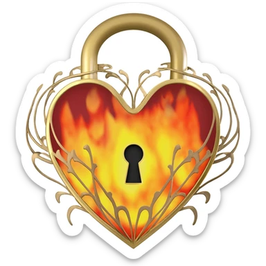Emoji-style icon of a heart-shaped padlock made of shiny gold metal, with a keyhole in the center. Flames burning inside the heart and around it in yellow, orange, and red. Clean vector emoji design, glossy highlights, vibrant colors, centered, square format, white or transparent background. sticker