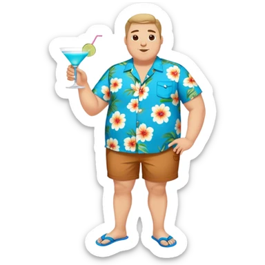 chubby guy full figure in a flowered azure havai shirt, brown shorts and flippers holding a cocktail sticker