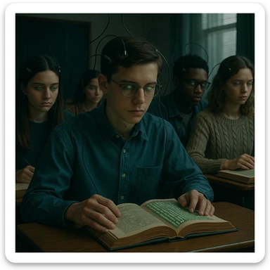 group of students in a classroom, all with glassy eyes and digital wires connected to their heads, reading books with writings and Matrix symbols, mind control atmosphere, cinematic style, 4K quality sticker