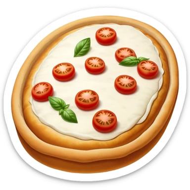 Icon of an oval-shaped Pinsa with a thick, airy crust, lightly topped with cherry tomatoes, mozzarella, and basil. Uneven, golden-brown edges to emphasize its rustic, artisanal look. sticker