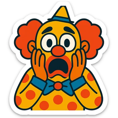 terrified clown, hands on cheeks, mouth wide open, eyes bulging in fear sticker