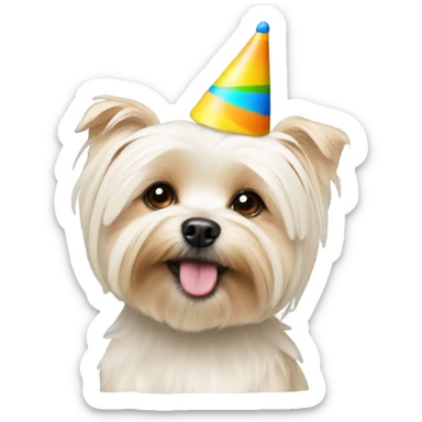 All cream Morkie with party hat sticker