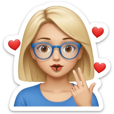 Asthectic Blonde women with brown eyes, blue glasses, waering a brown top, blowing a kiss with hearts around her. sticker