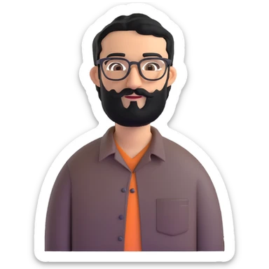 man with medium black beard, black hair, connected unibrow, olive tan skin, brown eyes, glasses, prominent long nose, wearing casual business attire like a button-up shirt without tie sticker