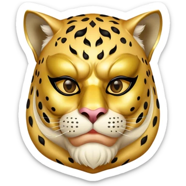 a fat old man, with a vest,  wear half-face golden panther masquerade mask sticker