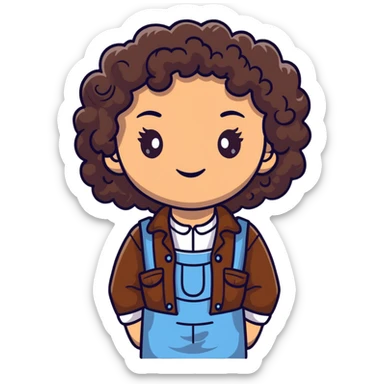 white girl with very curly dark brown hair, brown eyes, wearing farm clothes sticker