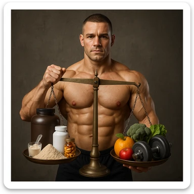 A 35-year-old bodybuilder con equilibrio su uso di sostanze e non. immagine iper realistica, fai una bilancia sticker