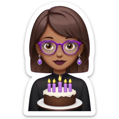 Cute ironic emoji woman, RIP 20’s theme.
Brown medium hair, grey eyes, purple glasses, nose piercing, tooth gem.
Black mourning outfit, cake with 29 candles.
Dark-cute minimal style, flat emoji design, clean lines.
Transparent background. sticker