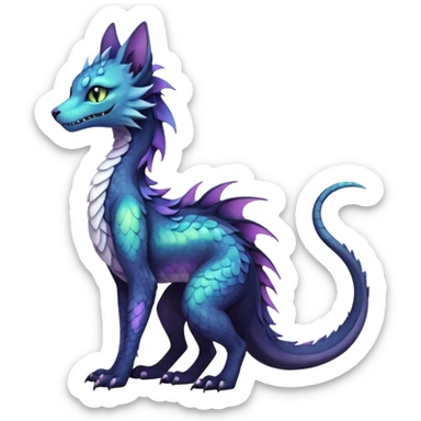 Kawaii black pastel iridescent beautiful pretty elegant divine edgy fantasy feline-vernid-sergal-Haku-dragon-fursona animal creature, full body with intricate markings  sticker