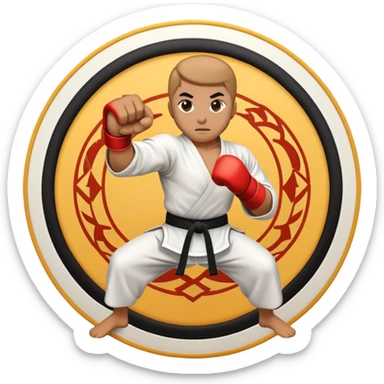 An emblem-style emoji symbolizing striking martial arts. The design features a stylized fighter in a dynamic stance, delivering a powerful punch, surrounded by a circular border with traditional elements like fists and combat symbols. Bold, clean lines with contrasting colors. sticker