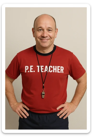 physical education teacher with little hair, friendly expression, wearing sportswear, simple background sticker