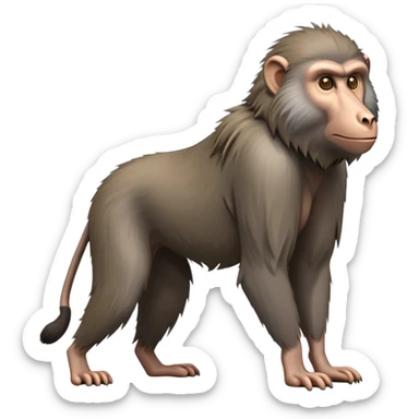 cinematic-hairy baboon-full-body-standing on all fours-emoji,-head-tilted-dramatically,-thick-grey-and-brown-fur,-simplified-yet-realistic-focused-features,-highly-detailed,-glowing-with-an-almost-sarcastic-glow sticker
