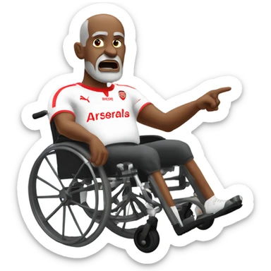 old black bald man with a round belly in wheelchair. angry face. grey stubble. he is pointing finger in front. wearing Arsenal soccer shirt. saying word bubble sticker