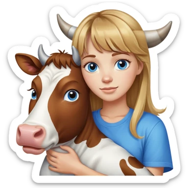 Woman with brown hair long and blonde highlights, bangs in front, blue eyes, white t shirt hugging a cow sticker