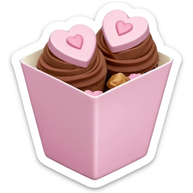 Two glossy square milk chocolate pralines placed diagonally, each in a white ridged paper cup, topped with a soft pastel pink heart icing with subtle sugar sparkle.
Cute minimal emoji-style, realistic and polished, clean studio lighting, pure white background, smooth 3D render, high resolution. sticker