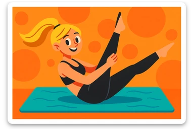 dirty blonde girl with black leggings and black bra doing pilates, stretching on a mat, vibrant toon style sticker