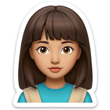 In Apple Memoji format, a girl with dark brown hair. She has bangs and her hair is long. The girl has light brown skin and arab ethnic features sticker