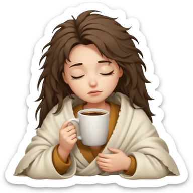 girl inside a offwhite blanket holding a coffee mug eyes closed, looking sad sticker