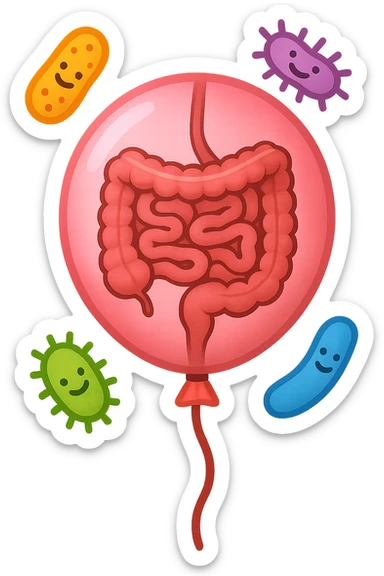 emoji stile iphone di un palloncino con intestino dentro e batteri intestinali intorno sticker