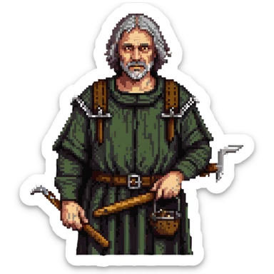 middle-aged peasant man in ragged medieval clothes with dirty face and simple tools sticker