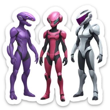a Reptile-Raptor-Genesect-Mewtwo-Fakémon with a futuristic visor-helmet and wearing a techwear-suit Full Body sticker