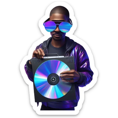 A dj wearing sunglasses playing music holding a cd record record, vinyl, oilslick holographic blacklight inverted graffiti dark dull sticker