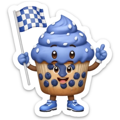 blueberry muffin character cheering with a checkered race flag sticker