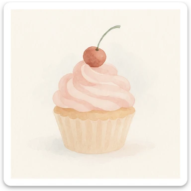 cupcake with pink icing and a cherry on top, airy and whimsical feel, watercolor art style sticker