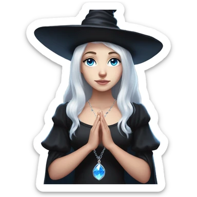 pale young witch wearing a low cut black dress, a pink crystal necklace, and a witch hat, with white hair and bright blue eyes, making prayer hands sticker