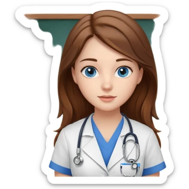 inside a classroom at university that says nursing school on the board with a pretty female nursing student with long brown hair, blue eyes sticker