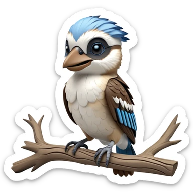 cinematic-kookaburra-realistic-full-body-perched-emoji,-compact-sturdy-frame-balanced-on-a-weathered-branch,-blue-and-white-feathered-wings-folded-neatly,-bold-striped-face-with-a-mischievous-glint-in-its-eye,-massive-sharp-beak-slightly-open-as-if-ready-to-laugh,-simplified-yet-realistic-focused-features,-highly-detailed,-glowing-with-a-warm-golden-light sticker