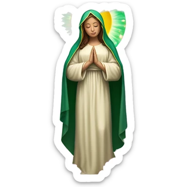 Virgin Mary: kind face looking down at the left, long brown hair, Wearing an emerald green  robe with gold stars and a burgundy red dress,  Hands in prayer or blessing. Halo around her head. standing in front of a big sun. colorful roses on the sides  sticker