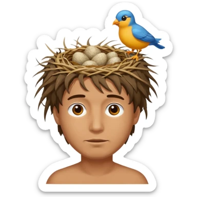 Man who has a birds nest on top of his head for hair sticker