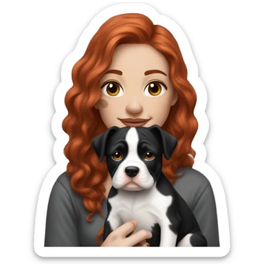 Long Red haired woman with septum piercing holding black and white English Staffordshire puppy sticker