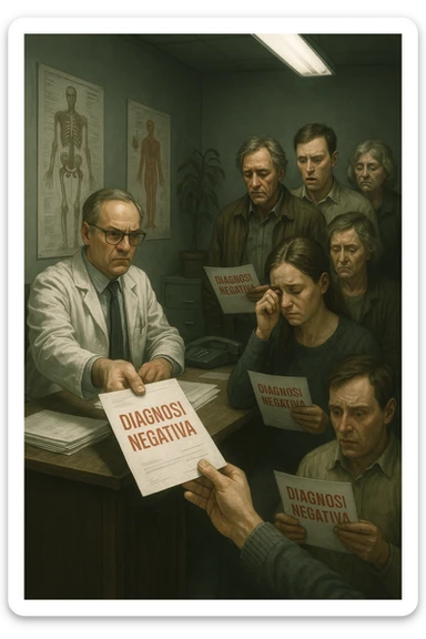 A realistic, cinematic illustration set in a dull, grey-toned medical office. A middle-aged male doctor in a white coat with a stern, cold expression is seated at his desk, handing out medical reports with large red ‘Negative Diagnosis’ stamps to each patient in line. The patients, of various ages and appearances, stand in a line, each looking increasingly sad, defeated, and demoralized as they receive their papers, with slumped shoulders and empty gazes. One young woman wipes away a tear, while a man stares at the paper in shock. The background shows medical posters, a faded plant, and harsh fluorescent lighting, emphasizing the cold, mechanical environment. The mood is heavy, illustrating how negative diagnoses delivered without empatia can deeply affect the mental health and morale of patients. The style is realistic, with subtle filmic grain, emphasizing emotional impact and the weight of medical words on people’s lives. in italiano sticker
