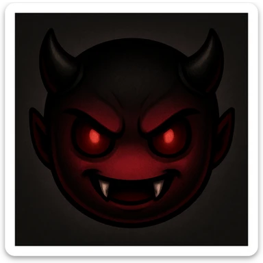 devil emoji in chibi style with gothic palette black and crimson, sharp fangs, glowing eyes, dramatic shadows sticker
