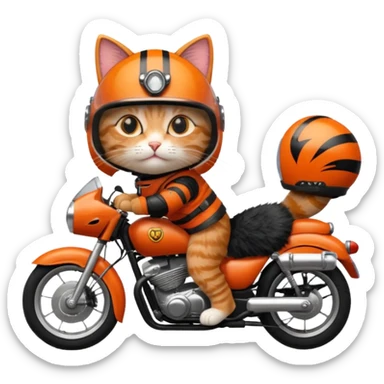 Cat on red and black motorcycle with helmet sticker