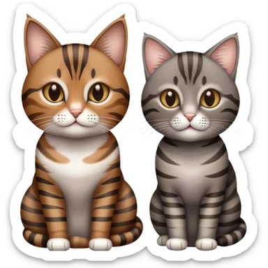 a brown and dark striped tabby cat next to its sister, a grey, slightly bigger cat with light markings and stripes on its face sticker