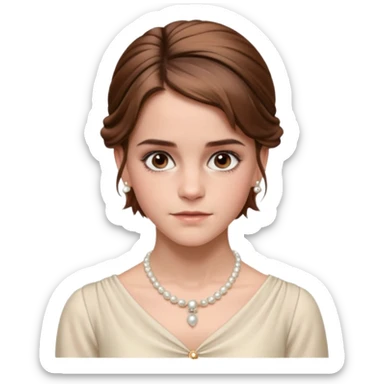 Cinematic Emma Watson Realistic Rococo Portrait, depicted with lifelike skin texture, subtle rosy undertones, and soft natural lighting that enhances the gentle contours of her face. Her intricately detailed brown hair is elegantly styled in an updo, sticker