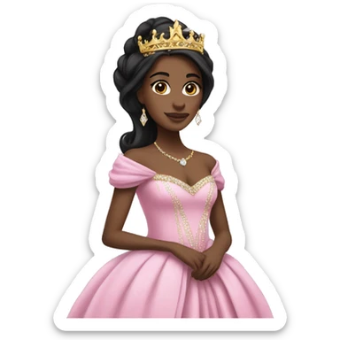 princess with black long hair, pink gown, gold crown, white skin, diamonds sticker