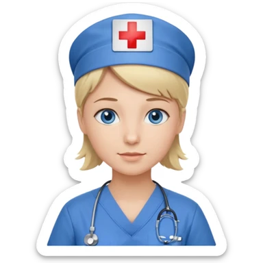 Nurse blue eyes short blond blue scrubs no hat sticker