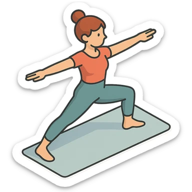 girl in cute yoga outfit performing warrior II pose (Virabhadrasana II), 2D isometric style, very detailed drawing, shadows and highlights, clean contours, soft lighting, transparent background sticker