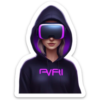 Russian student in the black hoody with violet letters "OMG VR" on it wearing vr headset. Cyberpunk style. Violet neon. sticker