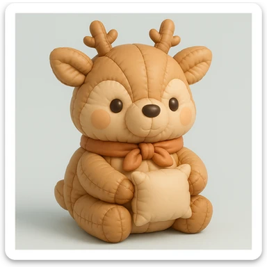 cute deer with a ribbon scarf, holding a small pillow, cushion style sticker