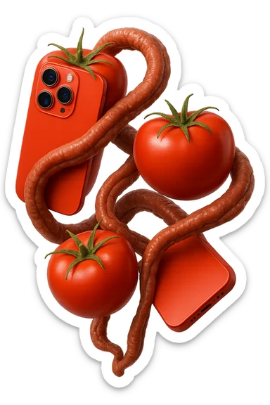 emoji stile iphone di pomodori che fluttuano in aria con colon attorcigliato intorno, iperrealistico 4k, isolato su sfondo bianco sticker