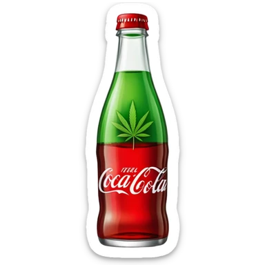 Curved Coca-Cola style glass bottle in red with a green cannabis leaf printed on it and labeled "red pop" sticker