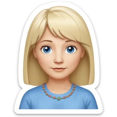 50 yr old white woman, hippie part short bangs, very long straight blond hair, oval face, small smile, blue eyes, thin face, hair downback, hair parted at center of head, round cheeks, pale, longer hair, white shirt sticker