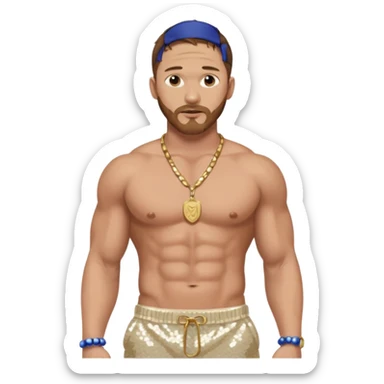Tom Hardy with brown hair, cream sequin baggy pants, shirtless with necklace sticker