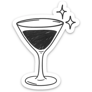 cocktail glass with burgundy drink and a sparkling effect, hand drawn style sticker