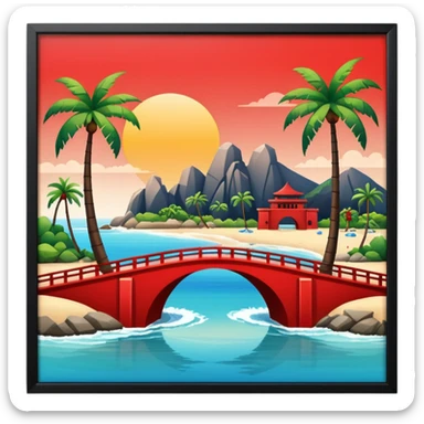  island with contemporary architecture, beaches with palm trees, and a red bridge on one side sticker